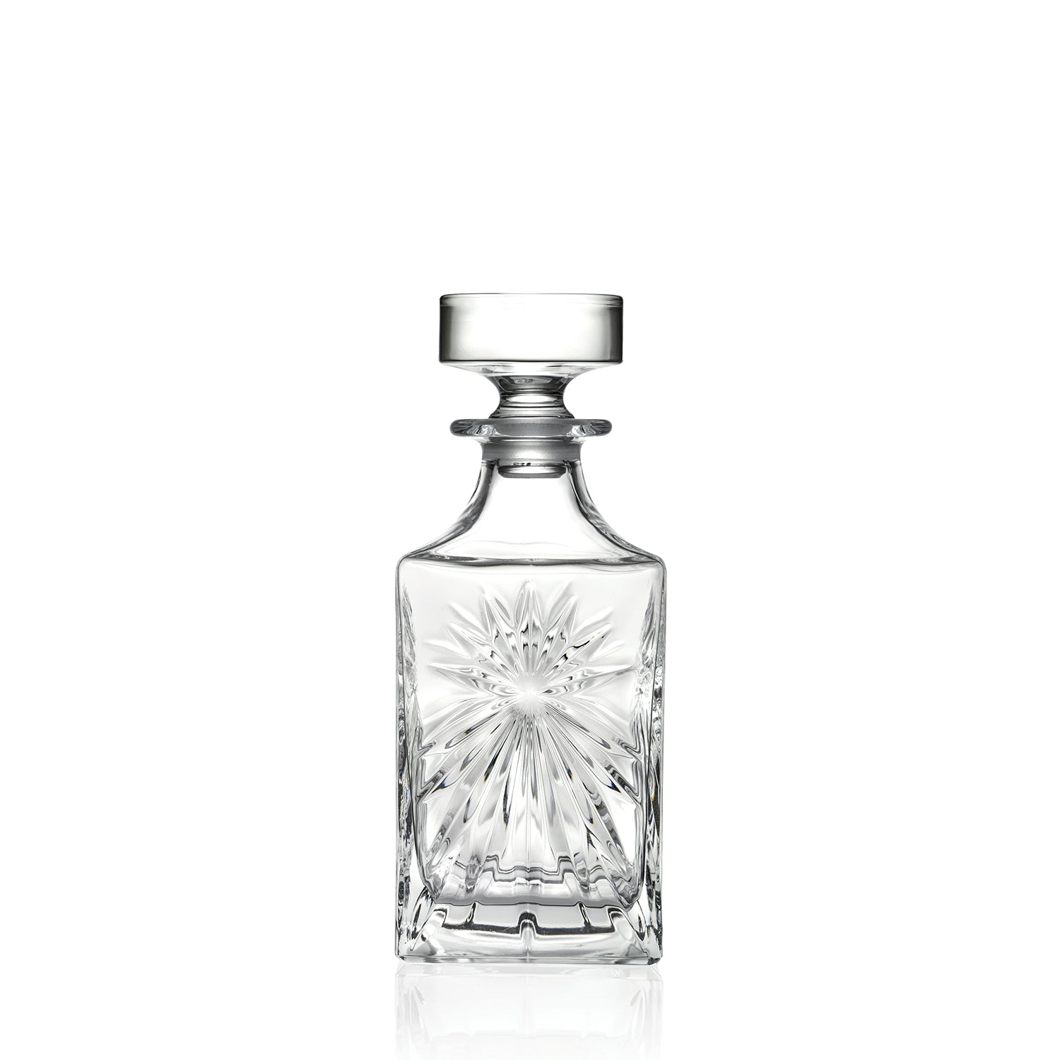 Single RCR Oasis Whiskey Decanter Bottle, 850ml, empty clear crystal with starburst cut design, on a white background