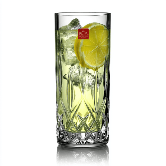 RCR Opera Highball Tumbler Glass, 350ml, Set of 6 on a shiny surface against a white background