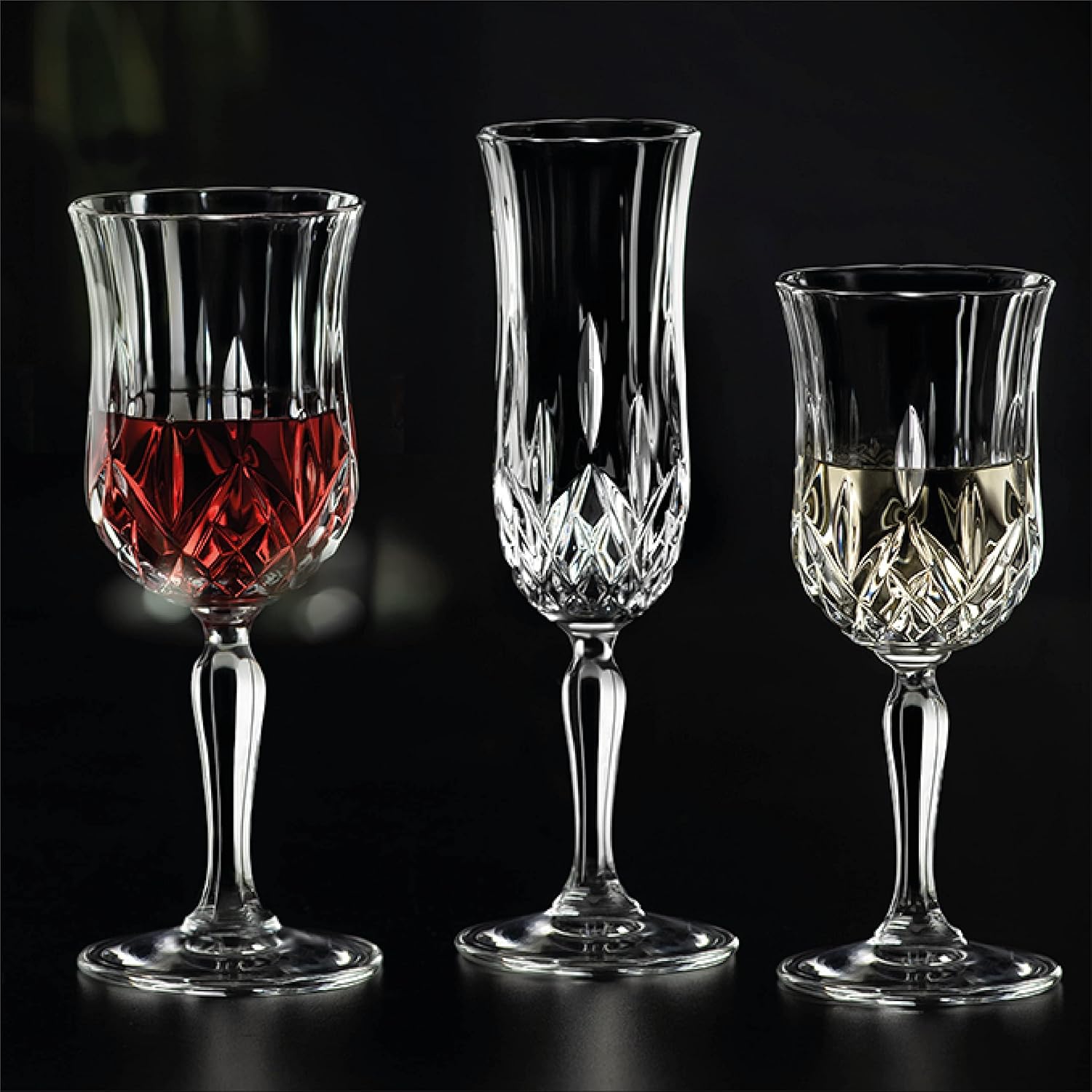 RCR Opera Flute Goblet on a dark background alongside Opera red and white wine glasses, highlighting the shared cut-glass design