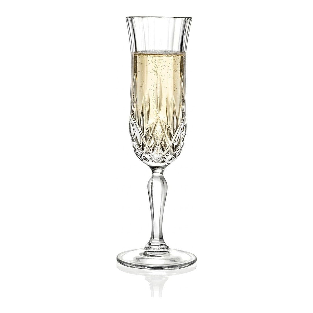 RCR Opera Flute Goblet, 130ml, elegant crystal champagne flute filled with sparkling wine, on white. Part of a set of 6