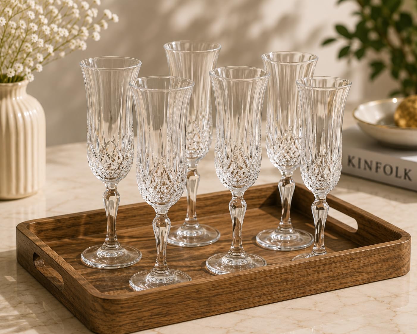 Set of 6 RCR Opera Flute Goblets on a wooden tray, showcasing the full set