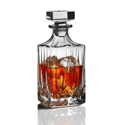 RCR Opera Crystal Glass Whiskey Decanter Bottle, 750ml with white background on a shiny surface