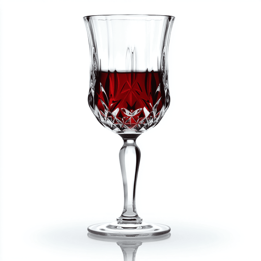 RCR Opera Red Wine Glasses, 230ml, elegant crystal glass filled with red wine, on white. Part of a set of 6