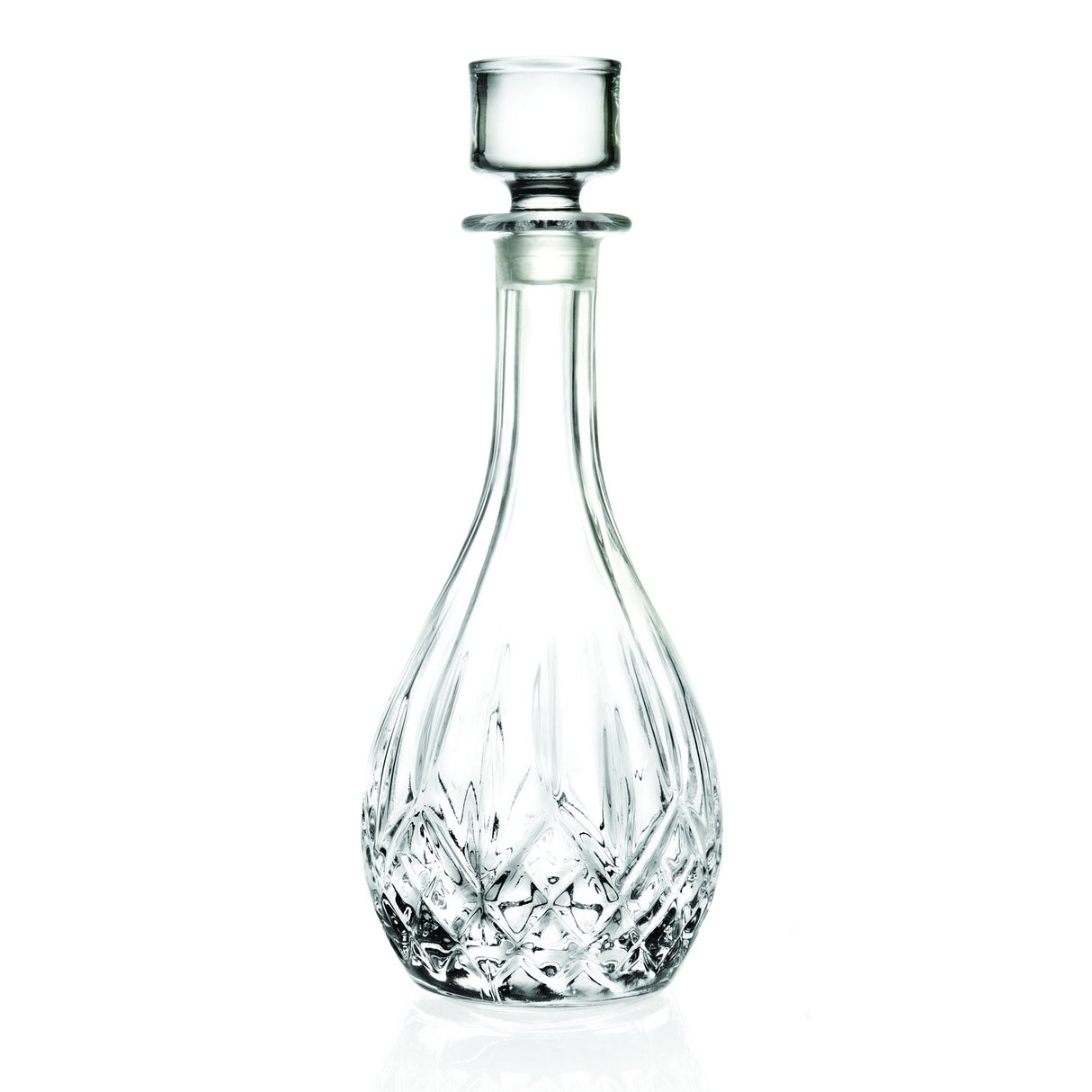 Single RCR Opera Round Whiskey Decanter Bottle, 900ml, empty clear crystal with diamond cut design, on a white background