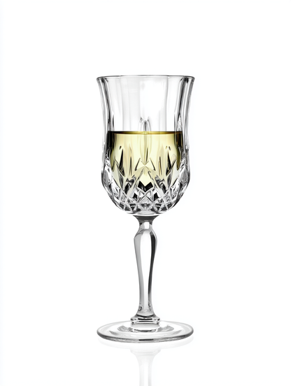 RCR Opera White Wine Glass, 160ml, elegant crystal glass filled with white wine, on white. Part of a set of 6