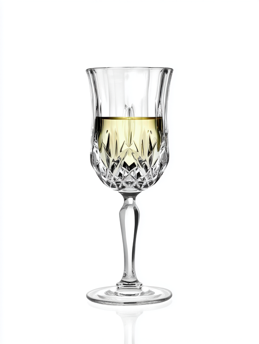 RCR Opera White Wine Glass, 160ml, elegant crystal glass filled with white wine, on white. Part of a set of 6