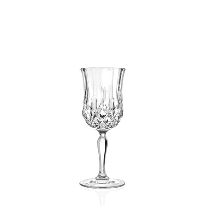 Single RCR Opera White Wine Glass, 160ml, clear crystal with intricate cut design. Empty on a white background