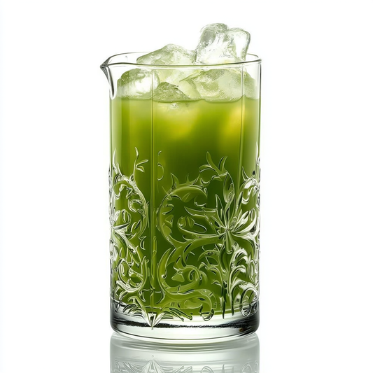 RCR Tattoo Crystal Mixing Glass 650ml, filled with a vibrant green cocktail and ice, showcasing intricate design