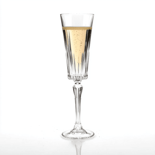 RCR Timeless Champagne Flute Glass 210ml, elegant crystal with champagne. Part of set of 6, for celebrations.