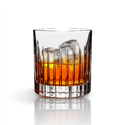 Single RCR Timeless crystal premium whiskey glass with vertical fluted design, displayed on a white background.