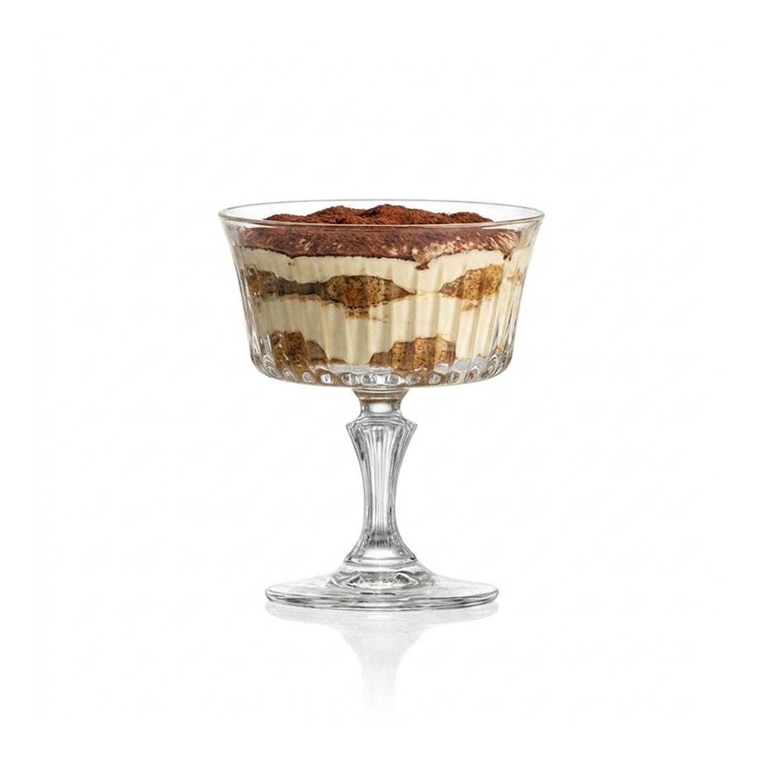 RCR Timeless Dessert Cup, 260ml, elegant crystal cup filled with layered tiramisu, on white. Part of a set of 6