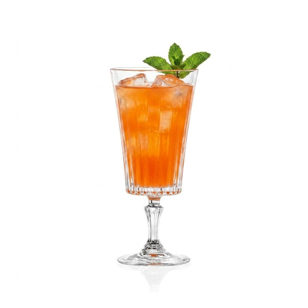 RCR Timeless Iced Beverage Glass, 420ml, elegant crystal glass filled with an iced cocktail, on white. Part of a set of 6