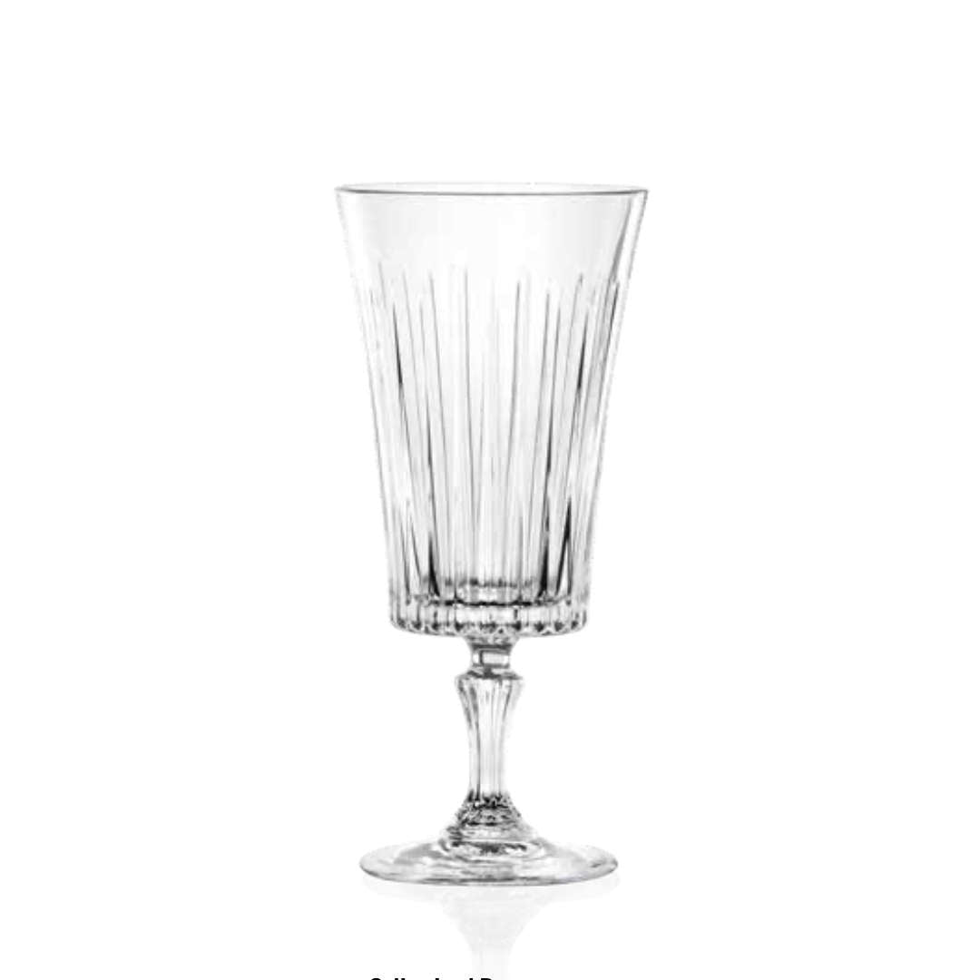 Single RCR Timeless Iced Beverage Glass, 420ml, empty clear crystal with vertical-fluted design, on a white background