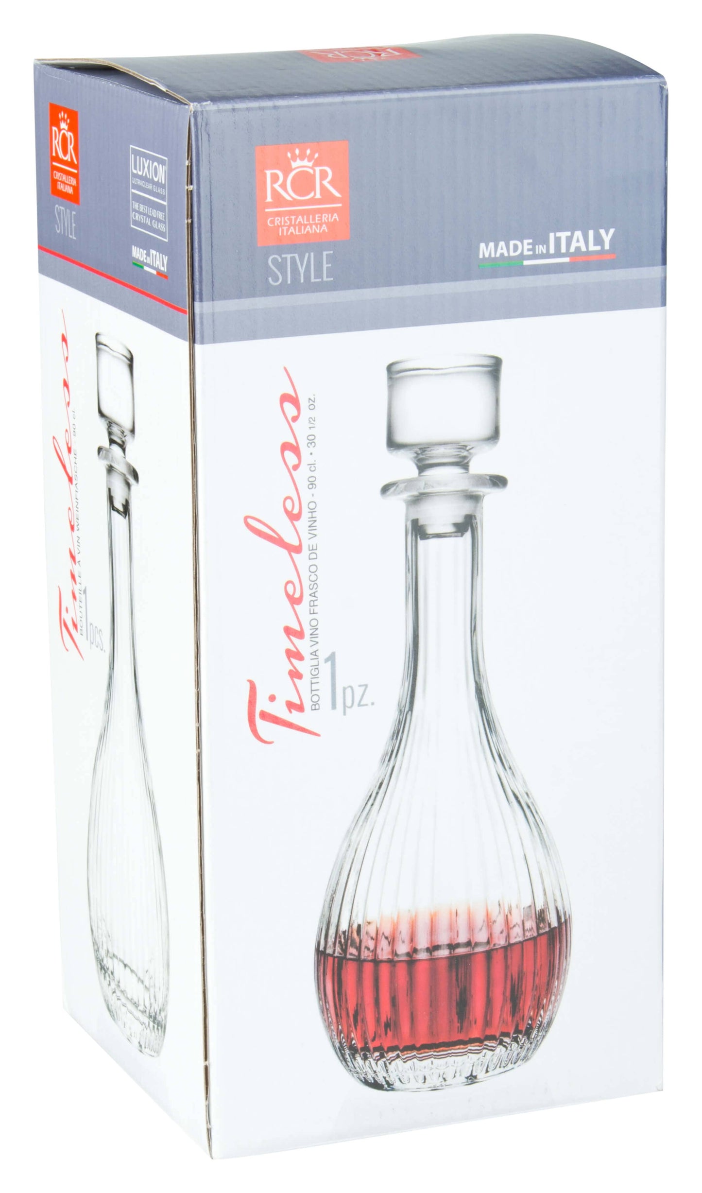 RCR Timeless Round Whiskey Decanter Bottle gift box, showcasing branding and packaging for the 900ml crystal decanter
