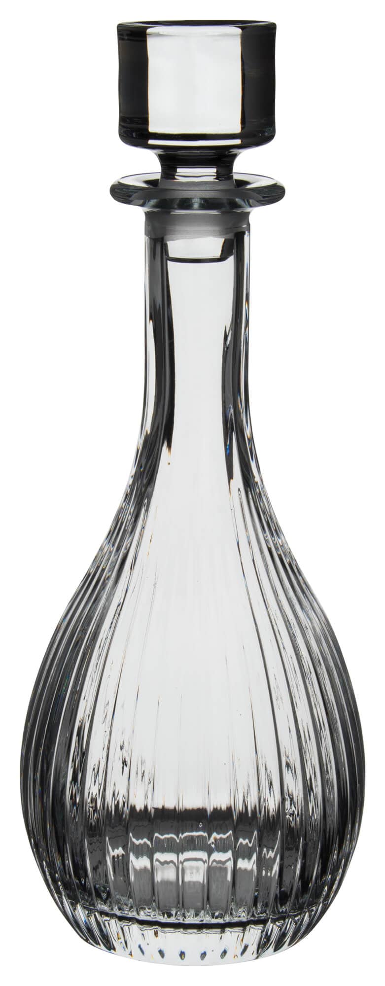 RCR Timeless Round Whiskey Decanter Bottle, detailed side view of the vertical panel-cut crystal