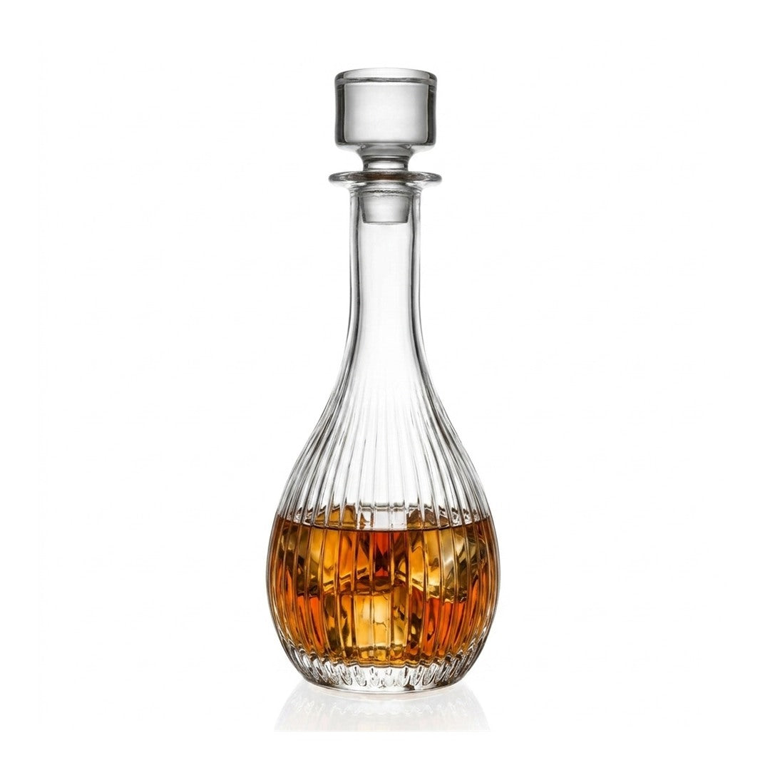 RCR Timeless Crystal Glass Whiskey Decanter Bottle Round, 900ml filled with whiskey, on white background