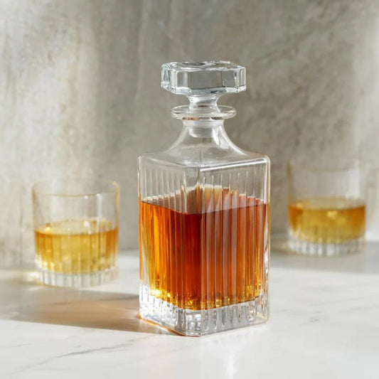 RCR timeless whiskey decanter with elegant fluted design, accompanied by two glasses filled with whiskey