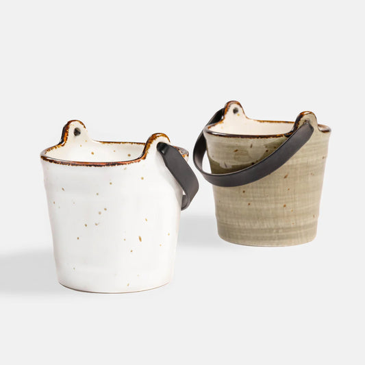 Rena Porcelain Amalfi Bucket, 210 ml, Set of 2 in White and Green with Handles for Stylish Serving