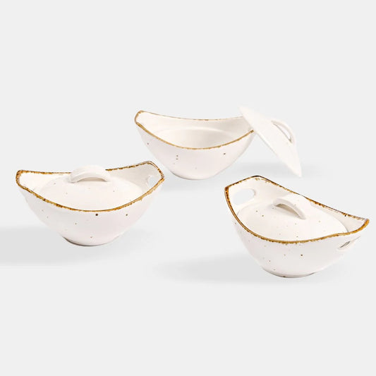 Rena Porcelain Amalfi Concave Dish, 85 ml, Set of 3 with elegant design and golden edges