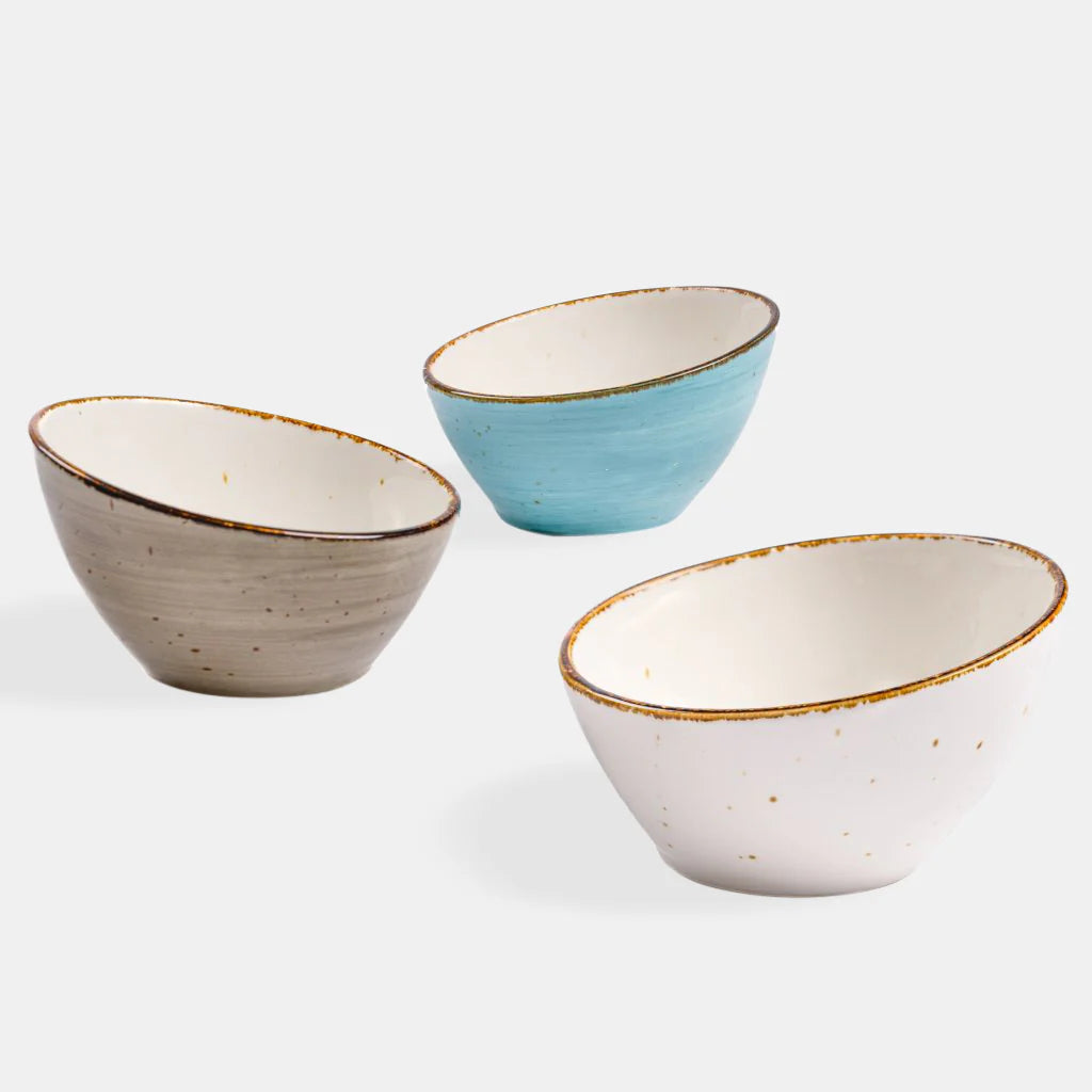 Rena Porcelain Amalfi Slant Dish, 250 ml, Set of 3 in Gray, Blue, and White with Rustic Edges