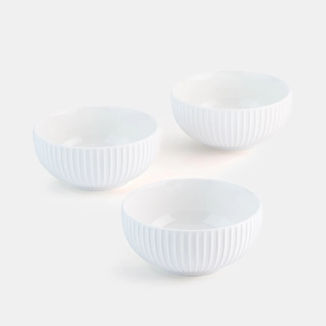Rena Porcelain Linear White Bowl 9 cm 150 ml Set of 3 with elegant ribbed design for serving snacks or sauces