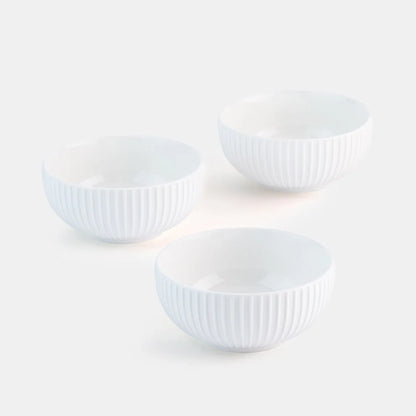Rena Porcelain Linear White Bowl 9 cm 150 ml Set of 3 with elegant ribbed design for serving snacks or sauces