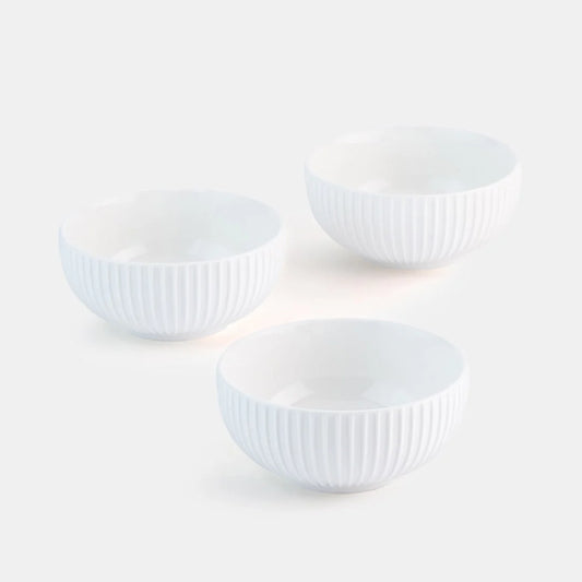 Rena Porcelain Linear White Bowl 9 cm 150 ml Set of 3 with elegant ribbed design for serving snacks or sauces