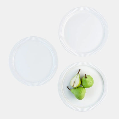 Rena Porcelain Linear White Dinner Plate 3 pcs Set 10.5 inches displayed with fresh pears