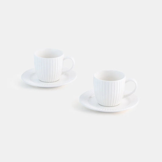 Rena Porcelain Linear White Espresso Cup 125 ml 2 pcs Set with elegant ribbed design and matching saucers