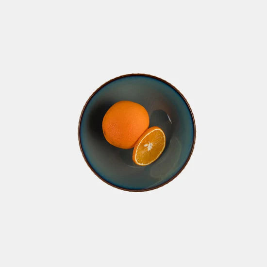 Rena Porcelain Teal Bowl 15 cm 750 ml with a whole orange and a half orange displayed inside