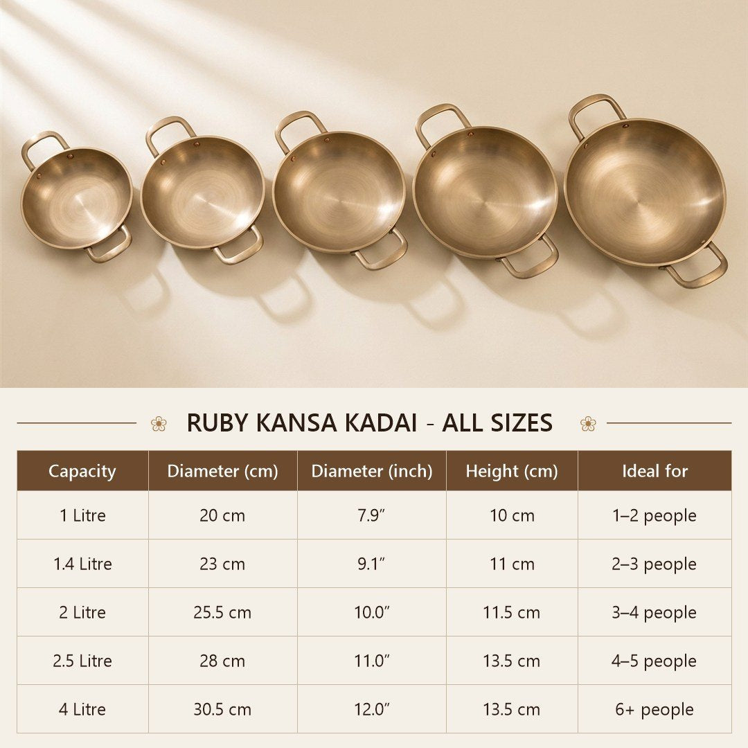 Ruby Kansa Kadai all sizes - 1, 1.4, 2, 2.5 and 4 litre size chart
