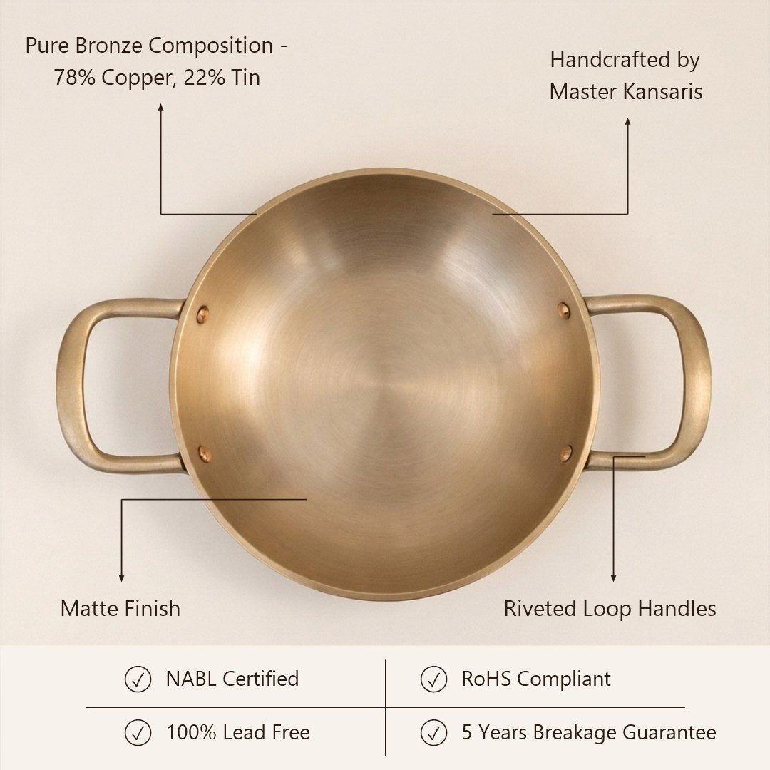 Ruby Kansa Kadai features - matte finish, riveted handles, 5 years breakage guarantee