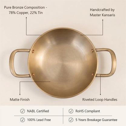 Ruby Kansa Kadai features - matte finish, riveted handles, 5 years breakage guarantee