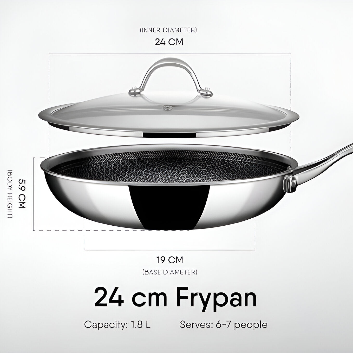 Stahl Artisan Hybrid Triply Fry Pan with Lid 24 cm showing inner and base dimensions for optimal cooking