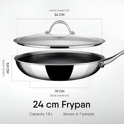 Stahl Artisan Hybrid Triply Fry Pan with Lid 24 cm showing inner and base dimensions for optimal cooking