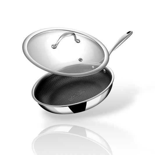 Stahl Artisan Hybrid Triply Fry Pan with Lid 24 cm featuring a durable non-stick surface and stainless steel design