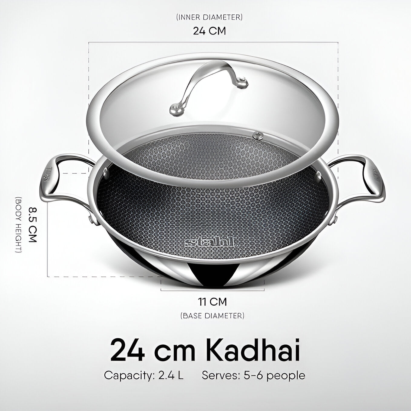 Stahl Artisan Hybrid Triply Kadhai 24cm with a capacity of 2.4L and glass lid for versatile cooking