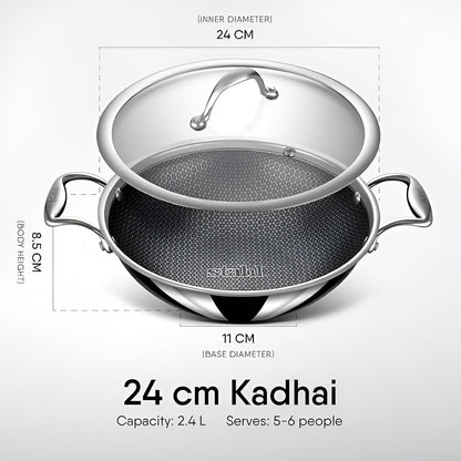 Stahl Artisan Hybrid Triply Kadhai 24cm with a capacity of 2.4L and glass lid for versatile cooking