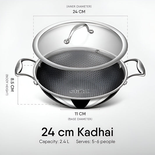 Stahl Artisan Hybrid Triply Kadhai 24cm with a capacity of 2.4L and glass lid for versatile cooking