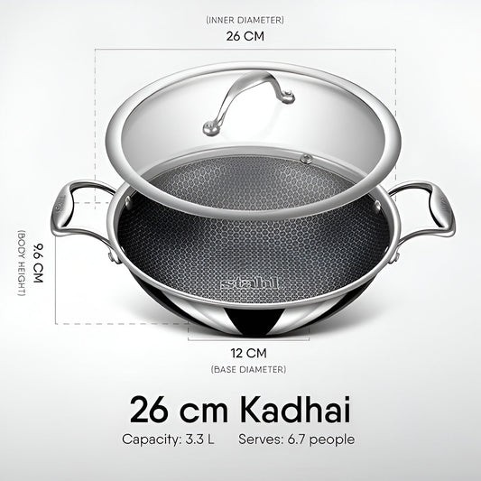 Stahl Artisan Hybrid Triply Kadhai with Lid 28cm showcasing a sleek design and durable build
