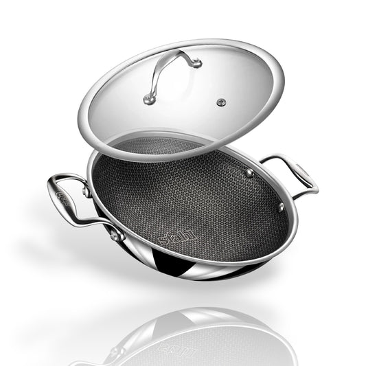 Stahl Artisan Hybrid Triply Kadhai with Lid 28cm featuring a non-stick interior and ergonomic handles