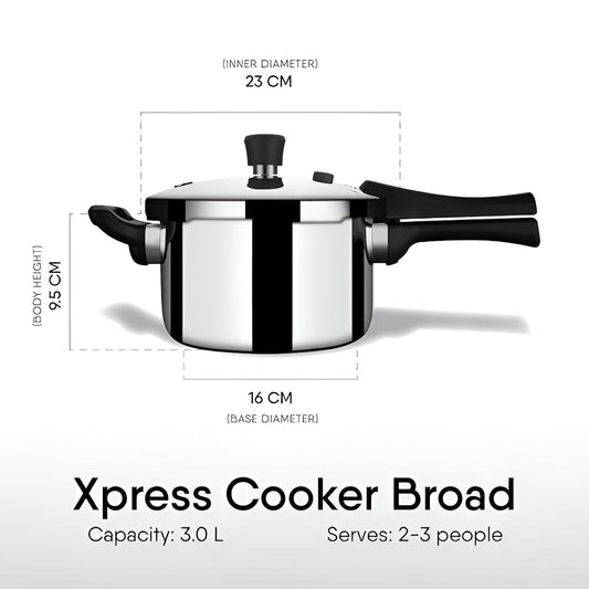 Stahl Xpress Triply Pressure Cooker 3 liters Broad with a sleek design for efficient cooking