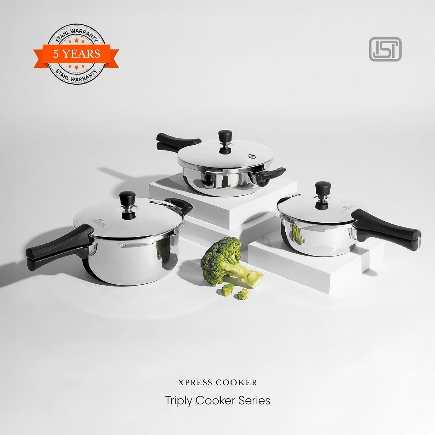 Stahl Xpress Triply Pressure Cooker 5 liters Broad with a shiny stainless steel finish for efficient cooking