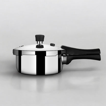 Stahl Xpress Triply Pressure Cooker 5 liters Broad with a glossy stainless steel finish and ergonomic handle