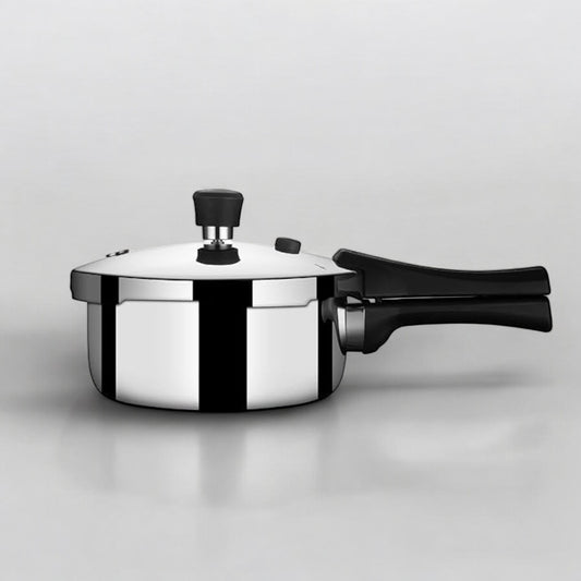Stahl Xpress Triply Pressure Cooker 5 liters Broad with a glossy stainless steel finish and ergonomic handle