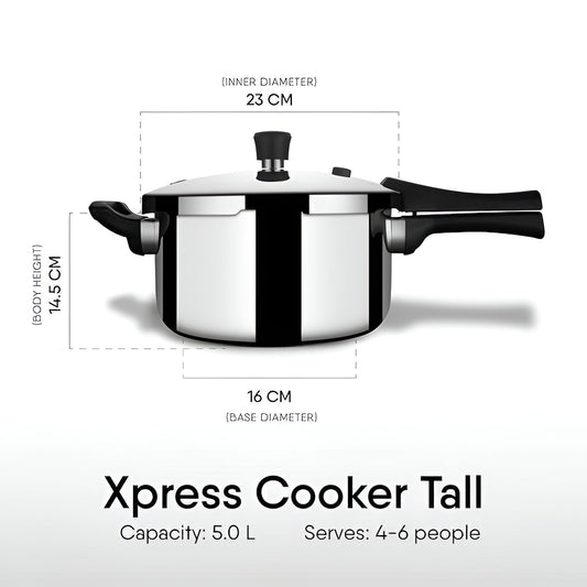 Stahl Xpress Triply Pressure Cooker 5 liters Tall with dimensions for cooking 4-6 people