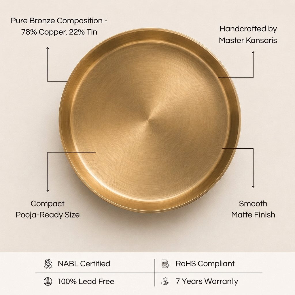 Kansa Tarbhana Pooja Thali features — pure bronze composition, handcrafted by master kansaris, compact pooja-ready size, smooth matte finish