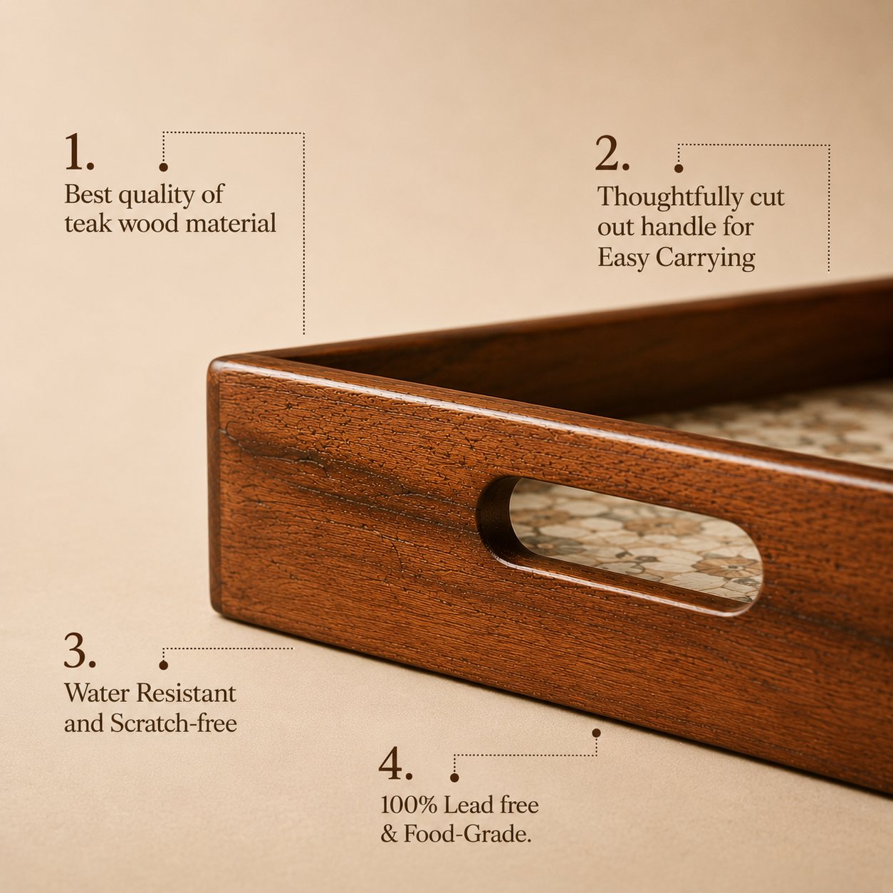 Teak Wood Serving Tray - Quality, Handle, Water Resistance, and Food-Grade Features