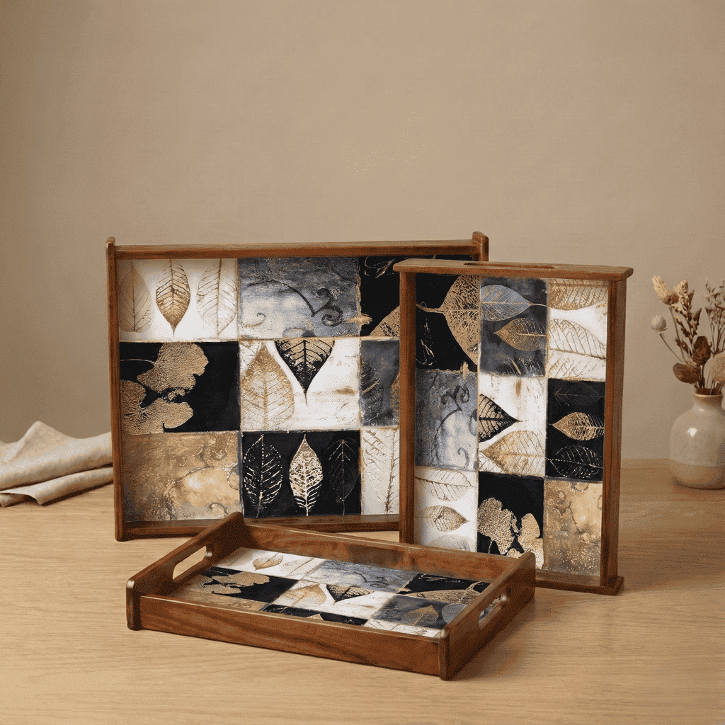 Teakwood serving tray Elegant Checkers set of 3 with decorative leaf patterns for stylish serving