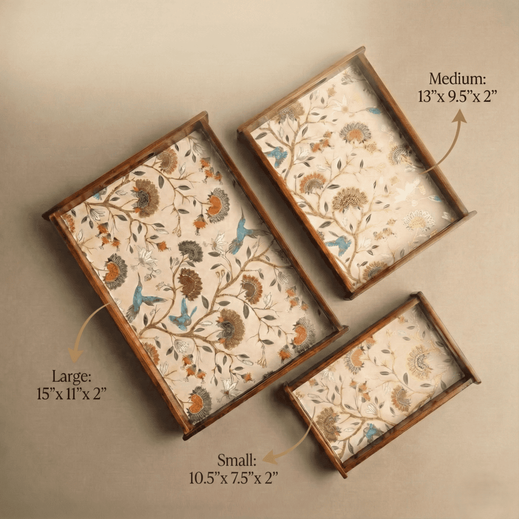 Teakwood serving tray gardenia set of 3 with floral design in large, medium, and small sizes